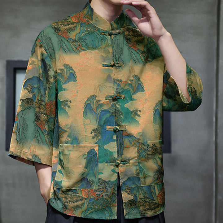 Buddha Stones Spring Frog-Button Dragon Mountain Flower Three Quarter Sleeve Tang Suit Men's Shirt With Pockets - image 43