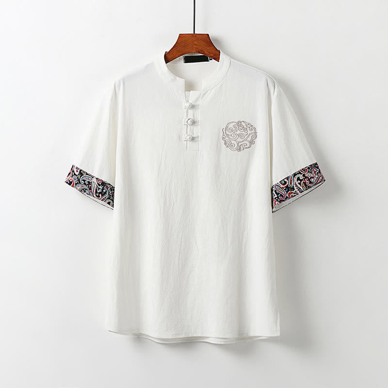 Buddha Stones Camicia da uomo in cotone e lino a maniche corte con ricamo di nuvole di buon auspicio con bottoni a rana estivi - Bianco - US/UK/AU54, EU64 (9XL) - image 0