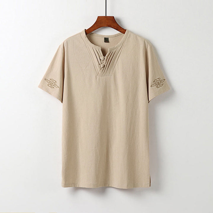 Buddha Stones Camicia da uomo estiva in cotone e lino con scollo a V, bottoni a rana, maniche corte, ricamo nuvole - Biscotto - US/UK/AU54, EU64 (9XL) - image 12