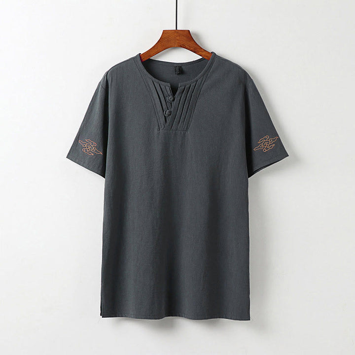 Buddha Stones Camicia da uomo estiva in cotone e lino con scollo a V, bottoni a rana, maniche corte, ricamo nuvole - Grigio - US/UK/AU54, EU64 (9XL) - image 2