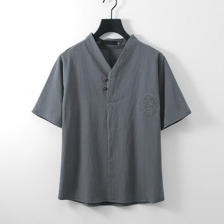 Buddha Stones Camicia da uomo estiva in cotone e lino con scollo a V, bottoni, maniche corte, ricamo nuvole - Grigio - US/UK/AU56，EU66 (9XL) - image 1
