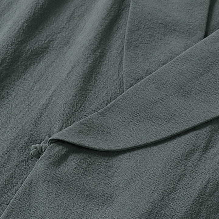 Buddha Stones Camicia estiva da uomo in cotone e lino con scollo a V e risvolto, manica corta - image 4