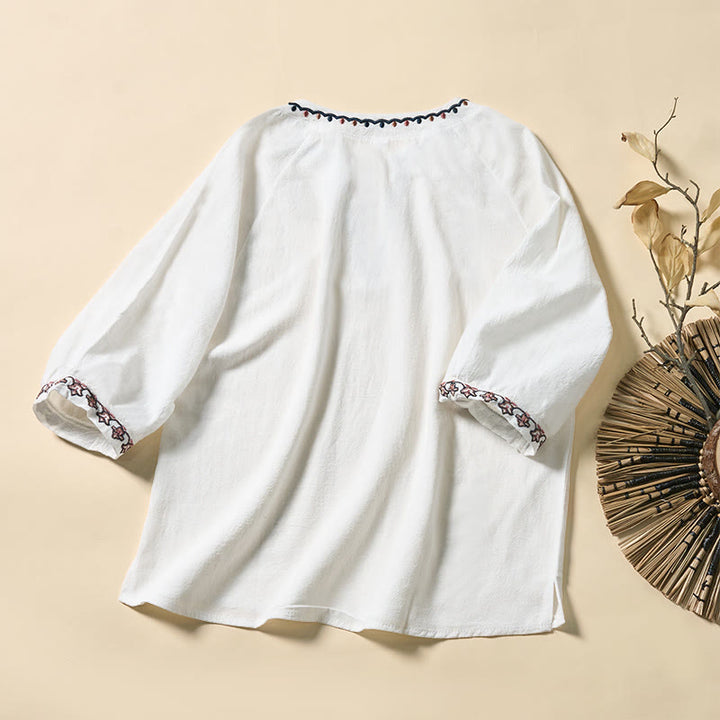 Buddha Stones Camicia da donna estiva in cotone con maniche corte, scollo a V, linee ricamate e lacci - image 8