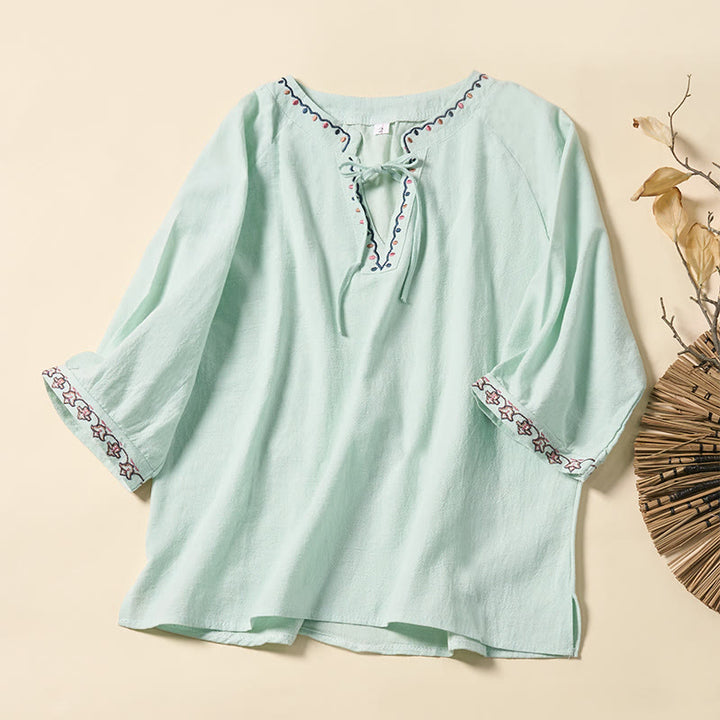 Buddha Stones Camicia da donna estiva in cotone con maniche corte, scollo a V, linee ricamate e lacci - Crema alla menta - US12, UK/AU16, EU44 (3XL) - image 0