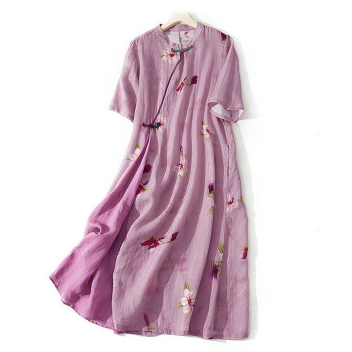 Buddha Stones Abito midi a maniche corte con colletto rialzato e tasche, motivo floreale Summer Orchid - Rosso viola pallido - US12, UK/AU16, EU44 (3XL) - image 0