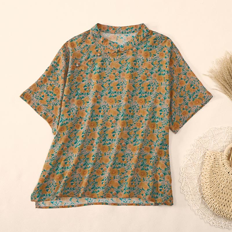 Buddha Stones Camicia da donna in cotone con colletto rialzato, manica corta, motivo floreale, estiva, con bottoni a rana - Verga d'oro - US12, UK/AU16, EU44 (2XL) - image 0