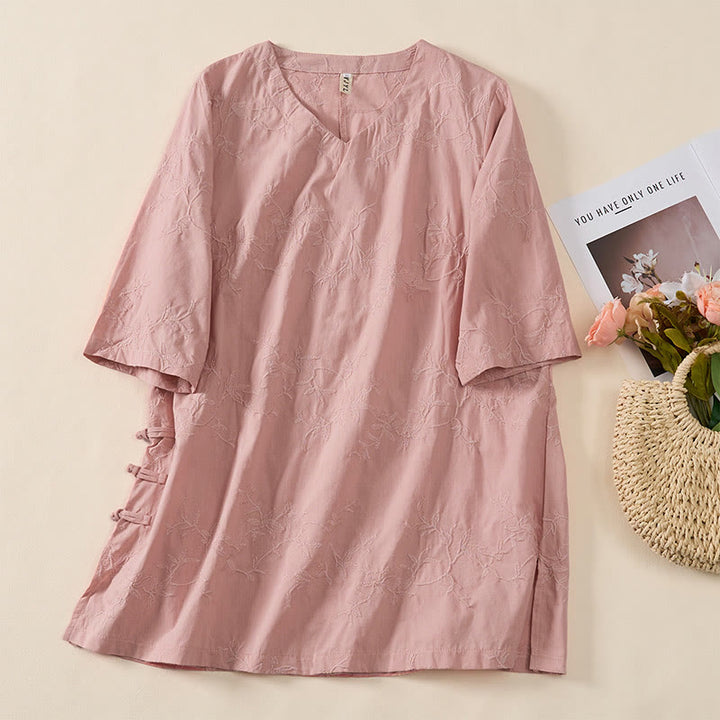 Buddha Stones Camicia da donna in cotone con motivo a foglie, manica lunga e scollo a V primaverile - Rosa - US8-10, UK/AU12-14, EU40-42 (2XL) - image 0