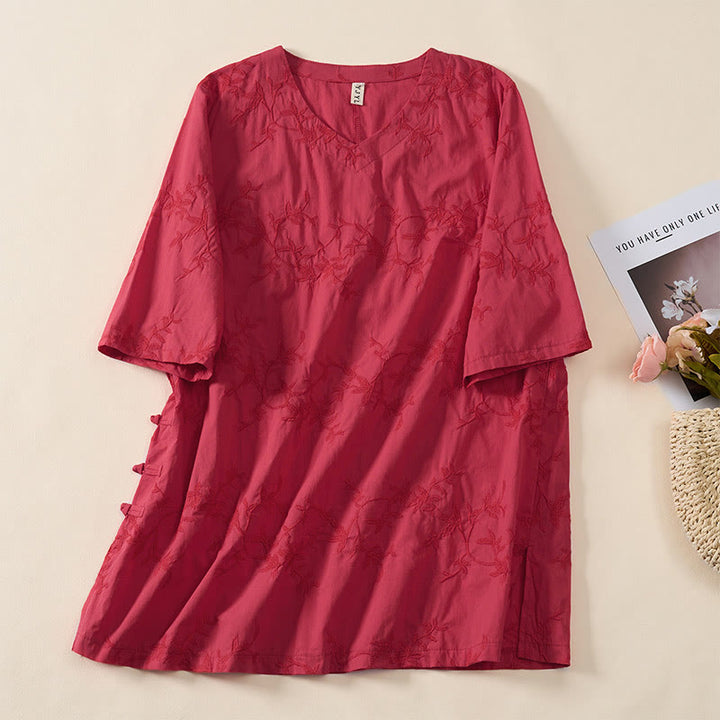 Buddha Stones Camicia da donna in cotone con motivo a foglie, manica lunga e scollo a V primaverile - Rosso - US8-10, UK/AU12-14, EU40-42 (2XL) - image 17