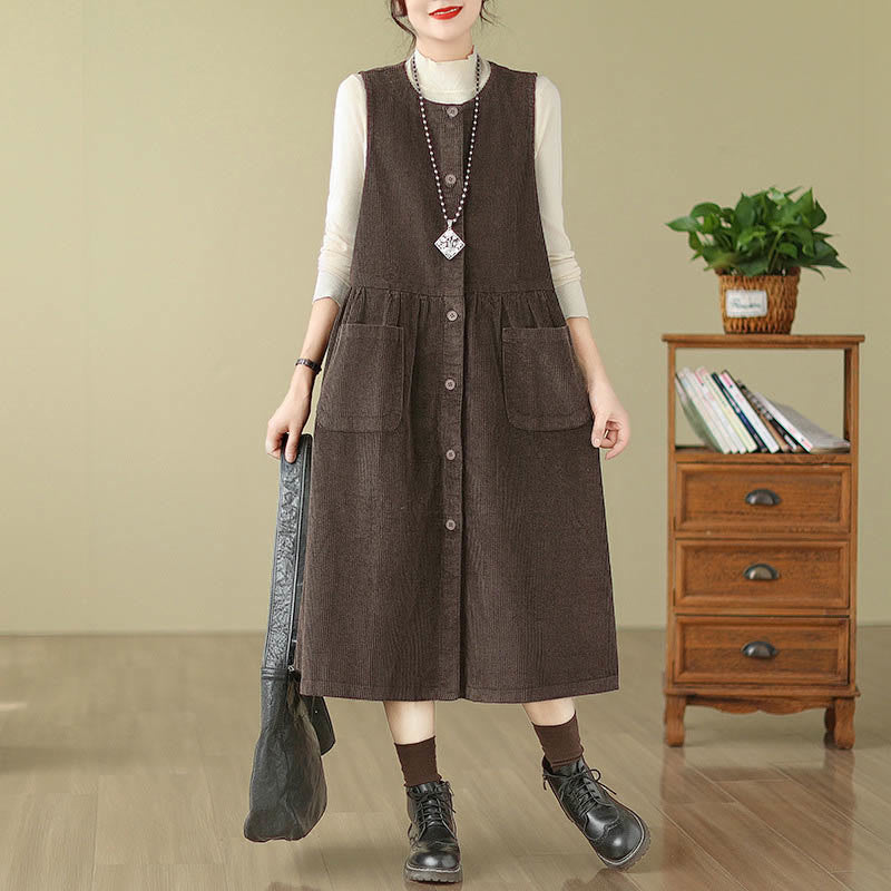 Abito midi senza maniche in velluto a coste con tasche e bottoni retrò Buddha Stones Fall - Marrone sella - US12, UK/AU16, EU44 (3XL) - image 0