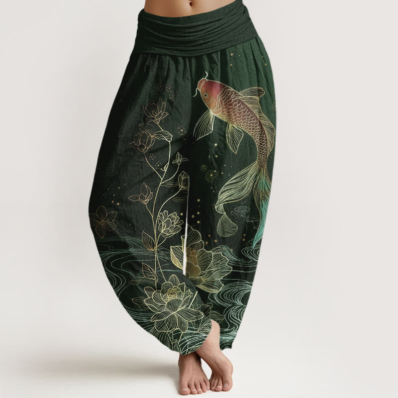 Buddha Stones Pantaloni harem da donna in puro cotone con elastico in vita e motivo a pesce koi di loto - Verde scuro - US16, UK/AU20, EU48 (3XL) - image 8