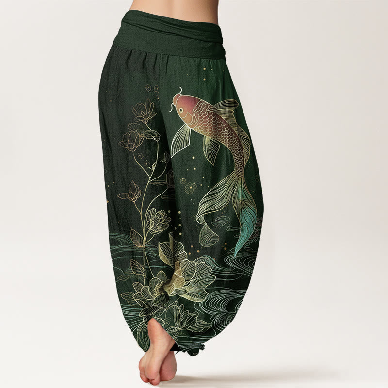 Buddha Stones Pantaloni harem da donna in puro cotone con elastico in vita e motivo a pesce koi di loto - image 9