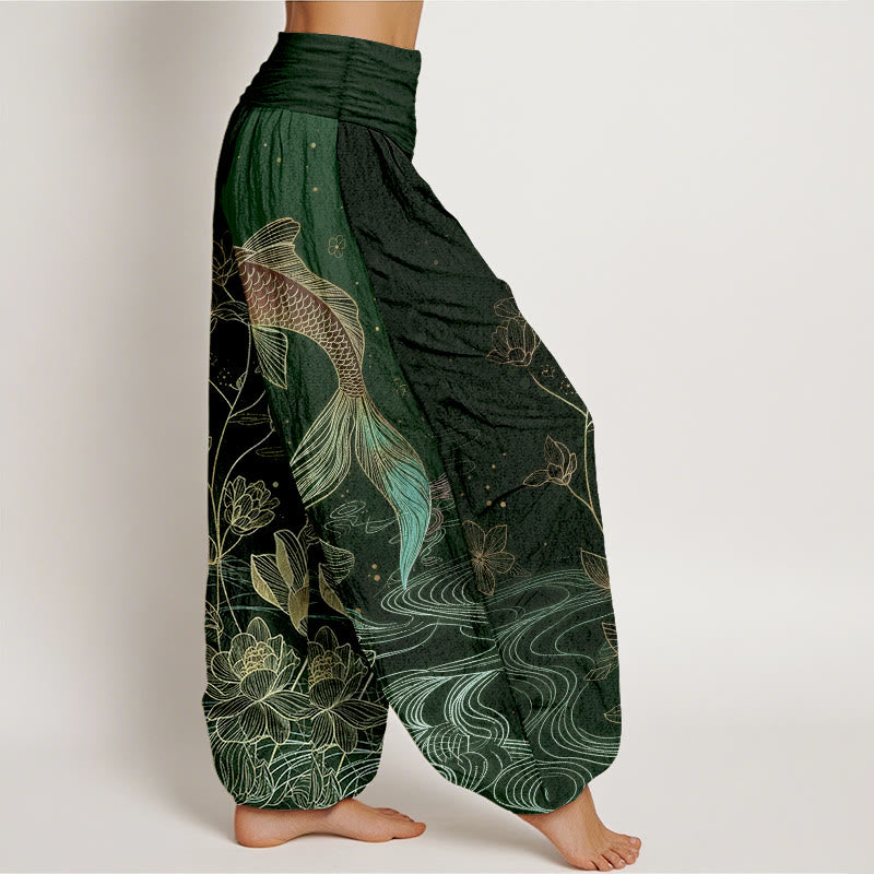 Buddha Stones Pantaloni harem da donna in puro cotone con elastico in vita e motivo a pesce koi di loto - image 10
