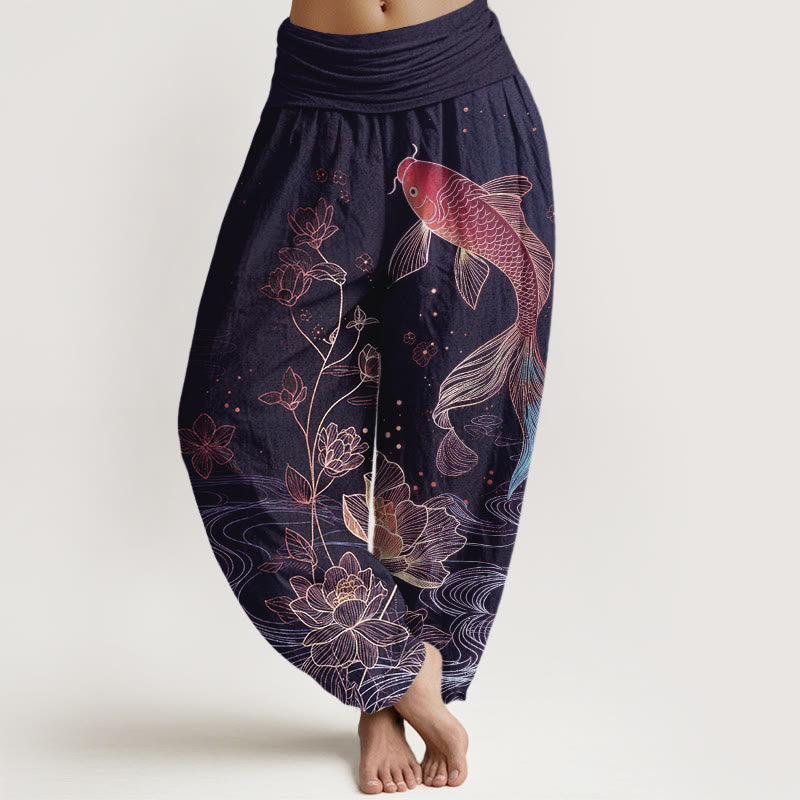 Buddha Stones Pantaloni harem da donna in puro cotone con elastico in vita e motivo a pesce koi di loto - Indaco - US16, UK/AU20, EU48 (3XL) - image 5