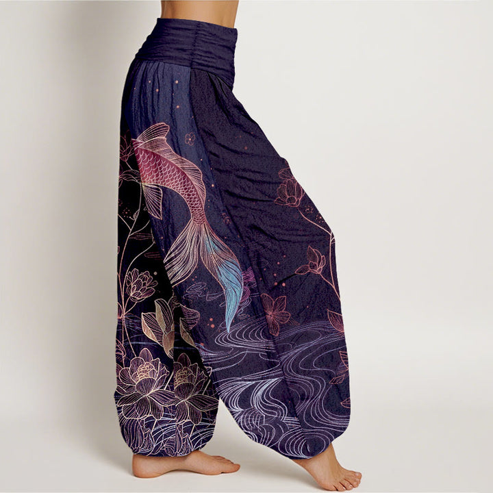 Buddha Stones Pantaloni harem da donna in puro cotone con elastico in vita e motivo a pesce koi di loto - image 7