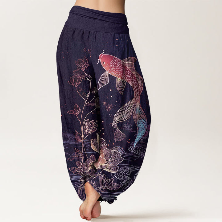 Buddha Stones Pantaloni harem da donna in puro cotone con elastico in vita e motivo a pesce koi di loto - image 6