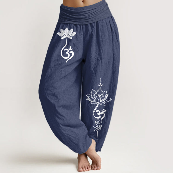 Buddha Stones Pantaloni harem da donna in cotone con motivo a fiore di loto Om e vita elasticizzata - Blu ardesia scuro - US16, UK/AU20, EU48 (3XL) - image 8