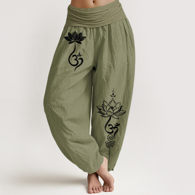 Buddha Stones Pantaloni harem da donna in cotone con motivo a fiore di loto Om e vita elasticizzata - Verde oliva - US16, UK/AU20, EU48 (3XL) - image 14