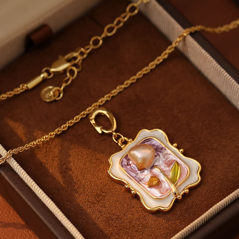 Buddha Stones Collana con ciondolo e perla in rame con dipinto ad olio di fiori e funzione terapeutica. - image 2