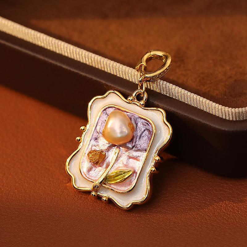 Buddha Stones Collana con ciondolo e perla in rame con dipinto ad olio di fiori e funzione terapeutica. - image 3