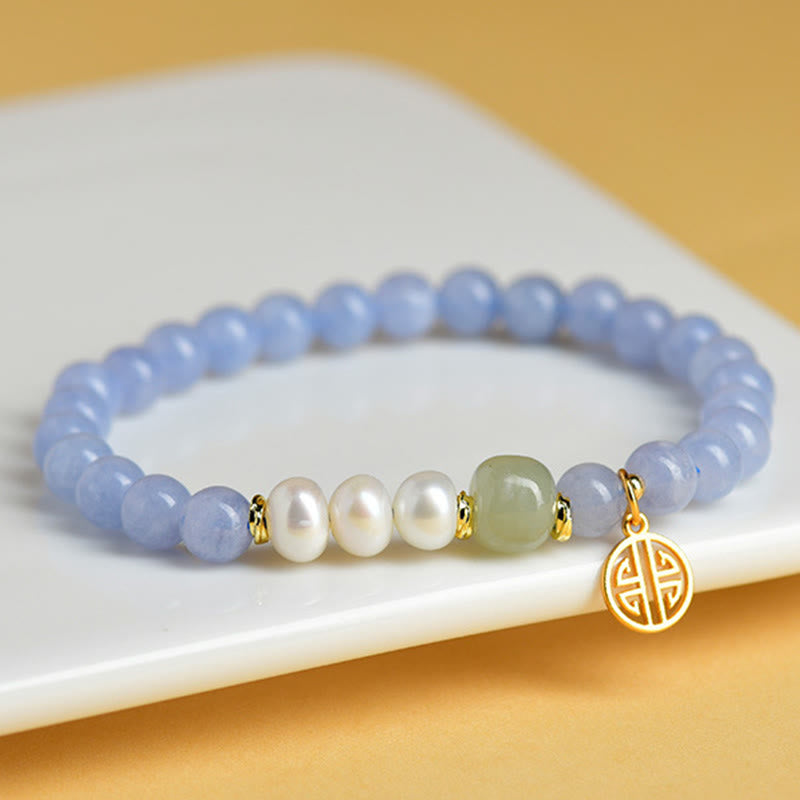 Buddha Stones Braccialetto energetico con perle di calcedonio blu - Calcedonio blu (circonferenza del polso: 15-16 cm) - image 0