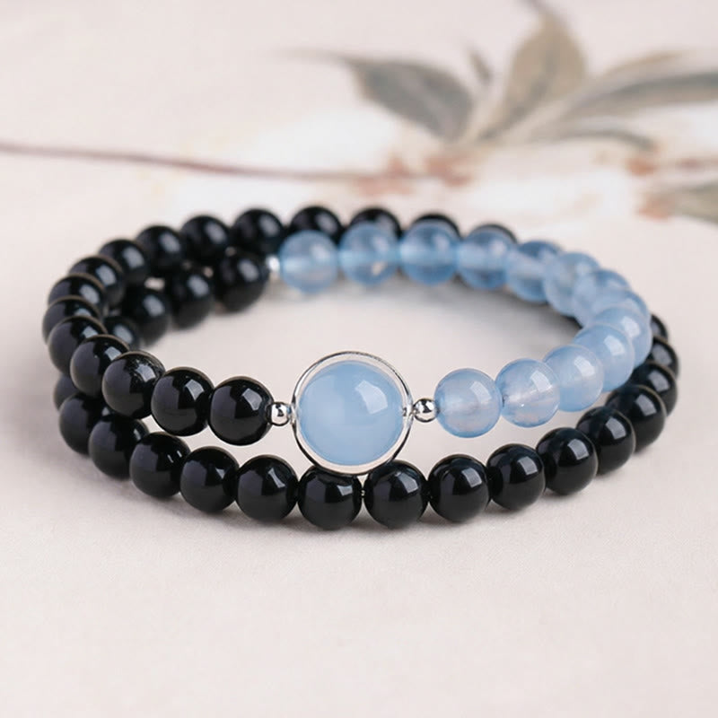 Buddha Stones Bracciale di purificazione e pace in acquamarina e ossidiana nera - Bracciale a doppio giro (circonferenza del polso: 14-15 cm) - image 1