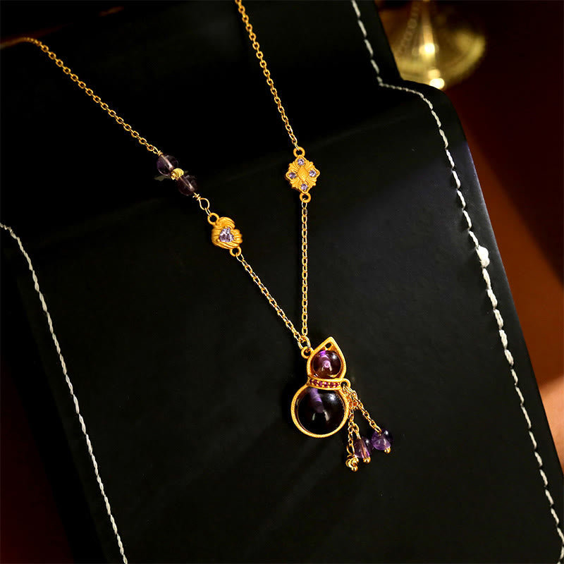 Buddha Stones Collana da meditazione con ciondolo a forma di zucca, nappa, ametista e catena in rame. - image 2