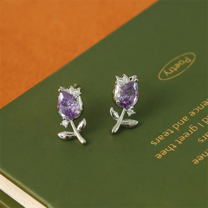 Buddha Stones Orecchini a perno curativi a forma di tulipano rosa e viola con zirconi e rame. - Tulipani viola (perni in argento sterling 925) - image 5