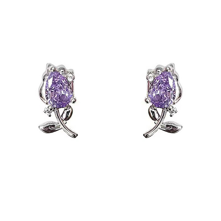 Buddha Stones Orecchini a perno curativi a forma di tulipano rosa e viola con zirconi e rame. - image 6