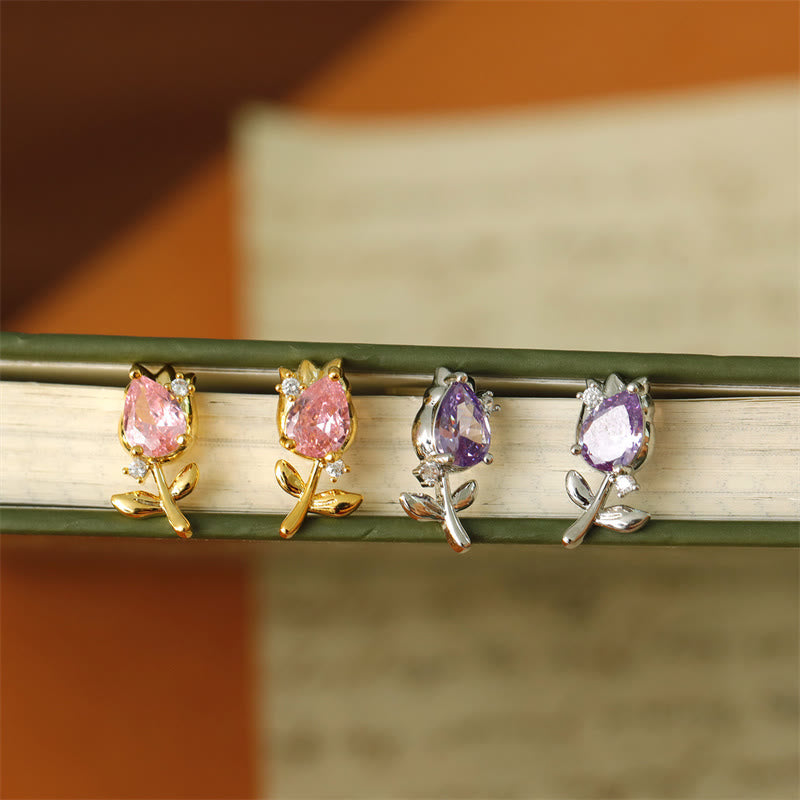 Buddha Stones Orecchini a perno curativi a forma di tulipano rosa e viola con zirconi e rame. - image 0