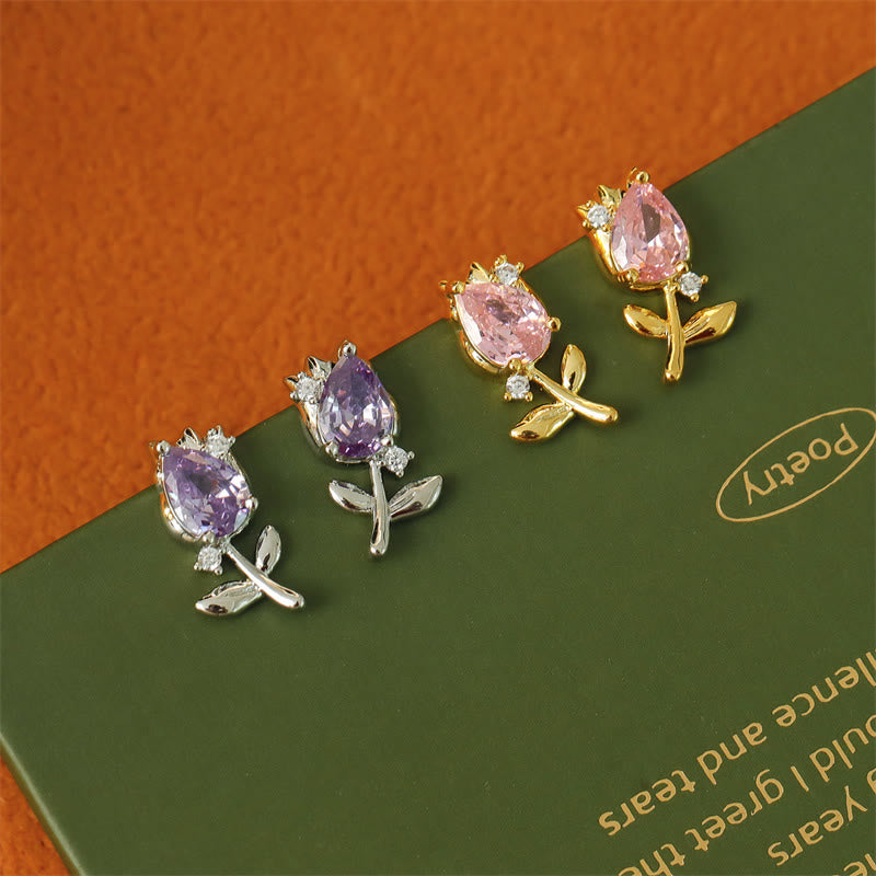 Buddha Stones Orecchini a perno curativi a forma di tulipano rosa e viola con zirconi e rame. - image 7