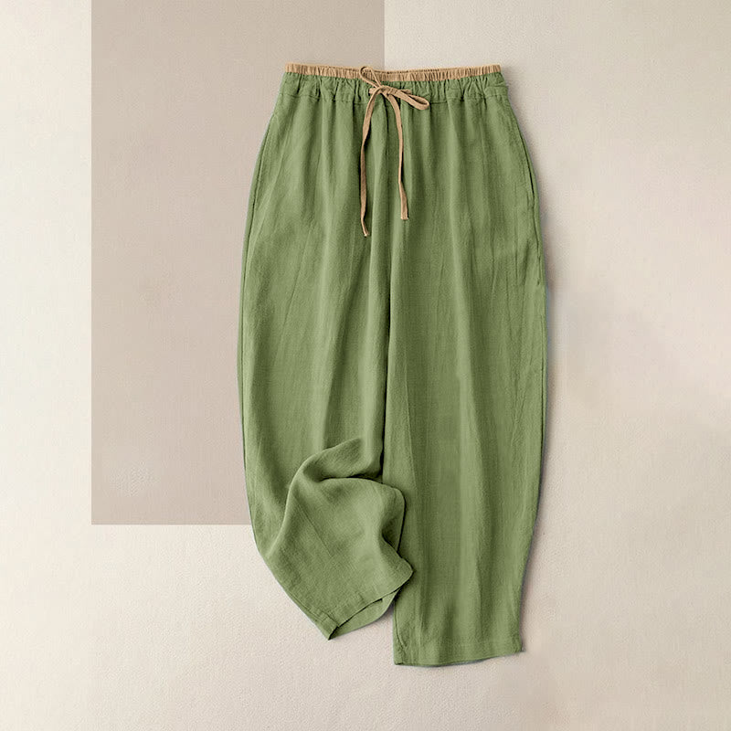 Pantaloni da donna con coulisse in cotone e lino casual tinta unita Buddha Stones con tasche - Verde chiaro - US16, UK/AU20, EU48 (3XL) - image 8