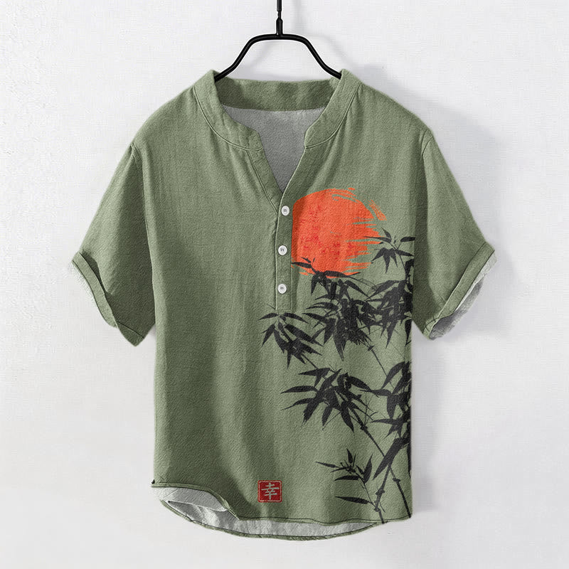 Buddha Stones Camicia da uomo a maniche corte con mezza abbottonatura, in cotone, con semplice motivo a sole e bambù rossi. - Verde Mare Scuro - US/UK/AU50, EU60 (5XL) - image 0