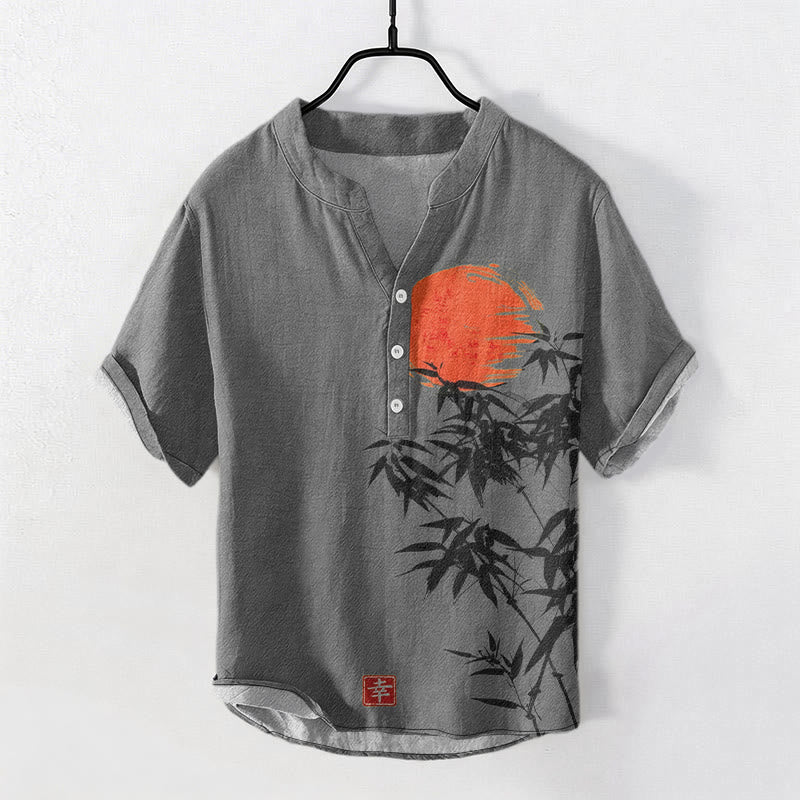 Buddha Stones Camicia da uomo a maniche corte con mezza abbottonatura, in cotone, con semplice motivo a sole e bambù rossi. - Grigio - US/UK/AU50, EU60 (5XL) - image 4
