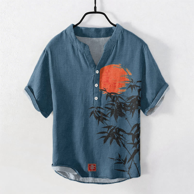 Buddha Stones Camicia da uomo a maniche corte con mezza abbottonatura, in cotone, con semplice motivo a sole e bambù rossi. - SteelBlue - US/UK/AU50, EU60 (5XL) - image 6