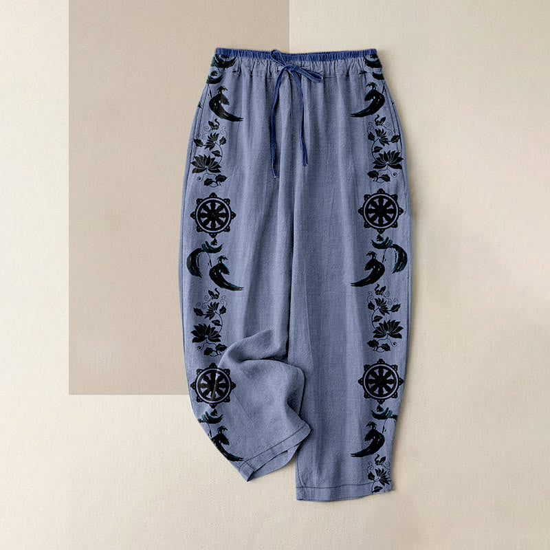 Buddha Stones Pantaloni da donna in cotone casual con elastico in vita e tasche, con motivo ruota del Dharma, loto e OM. - Blu fiordaliso - US16, UK/AU20, EU48 (3XL) - image 0