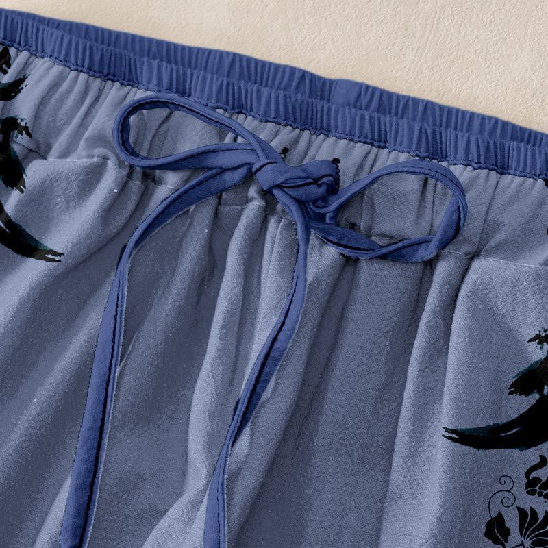 Buddha Stones Pantaloni da donna in cotone casual con elastico in vita e tasche, con motivo ruota del Dharma, loto e OM. - image 1