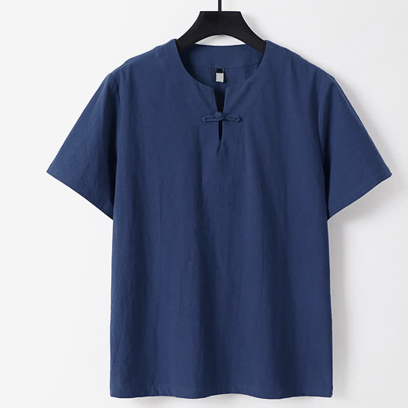 Buddha Stones T-shirt da uomo a maniche corte con colletto a revers, tinta unita, con bottoni a rana, in cotone e lino. - Blu scuro - US/UK/AU56，EU66(9XL) - image 3