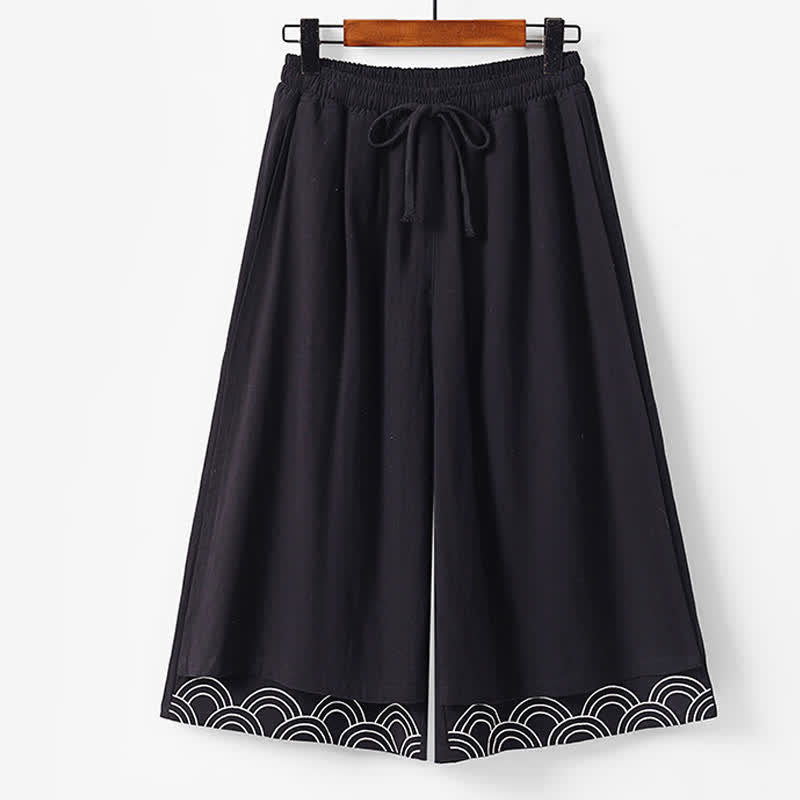 Buddha Stones Pantaloni estivi da uomo in cotone e lino a gamba larga, lunghezza capri, con ricami e tasche. - Nero - US/UK/AU50, EU60 (7XL) - image 3