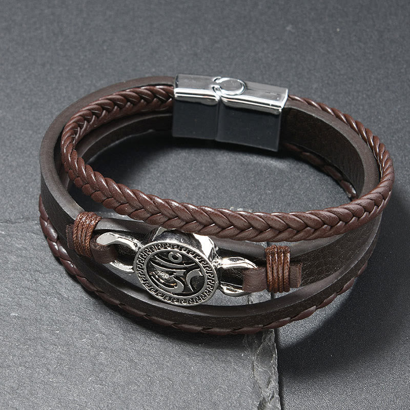 Bracciale retrò in pelle intrecciata multistrato con Buddha Stones Om inciso, rotondo, con pietre di Buddha. - Cinturino in pelle color caffè (circonferenza del polso: 18-19 cm) - image 3