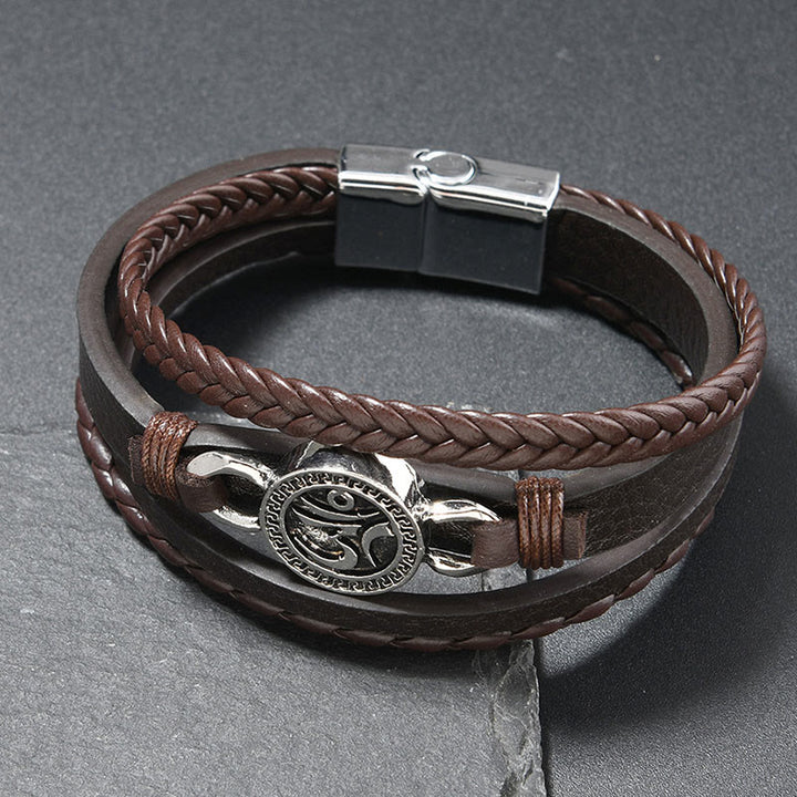 Bracciale retrò in pelle intrecciata multistrato con Buddha Stones Om inciso, rotondo, con pietre di Buddha. - Cinturino in pelle color caffè (circonferenza del polso: 18-19 cm) - image 3