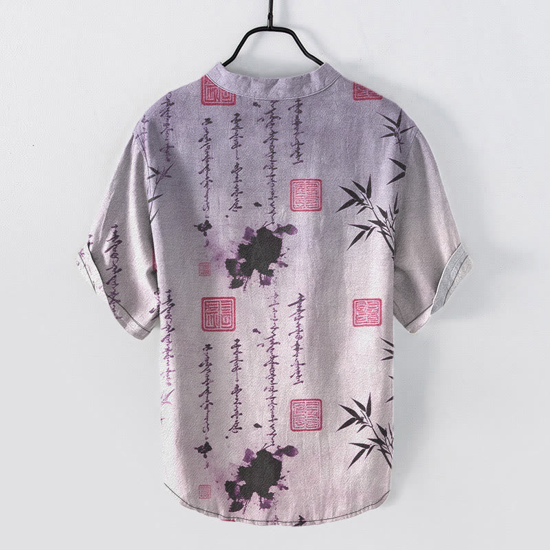 Buddha Stones Camicia da uomo a maniche corte con mezzo bottone, in cotone, con motivo calligrafico sfumato e stampa a inchiostro di bambù. - image 7