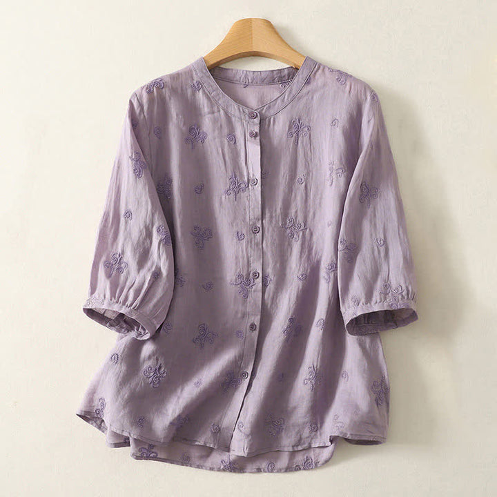 Buddha Stones Camicia da donna a maniche corte con bottoni e ricami floreali in stile retrò. - Viola medio - US8-10, UK/AU12-14, EU40-42 (2XL) - image 0