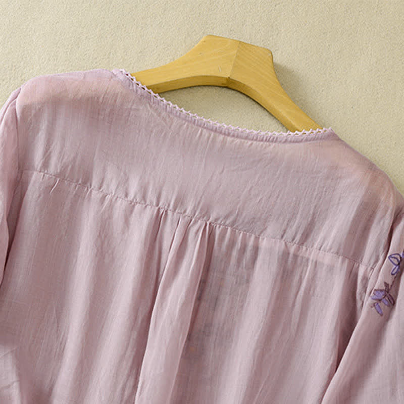 Buddha Stones Camicia da donna a maniche corte con scollo rotondo e ricamo floreale in stile retrò. - image 25