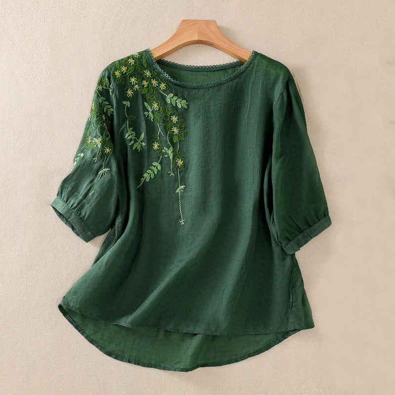 Buddha Stones Camicia da donna a maniche corte con scollo rotondo e ricamo floreale in stile retrò. - Verde scuro - US8-10, UK/AU12-14, EU40-42 (2XL) - image 0