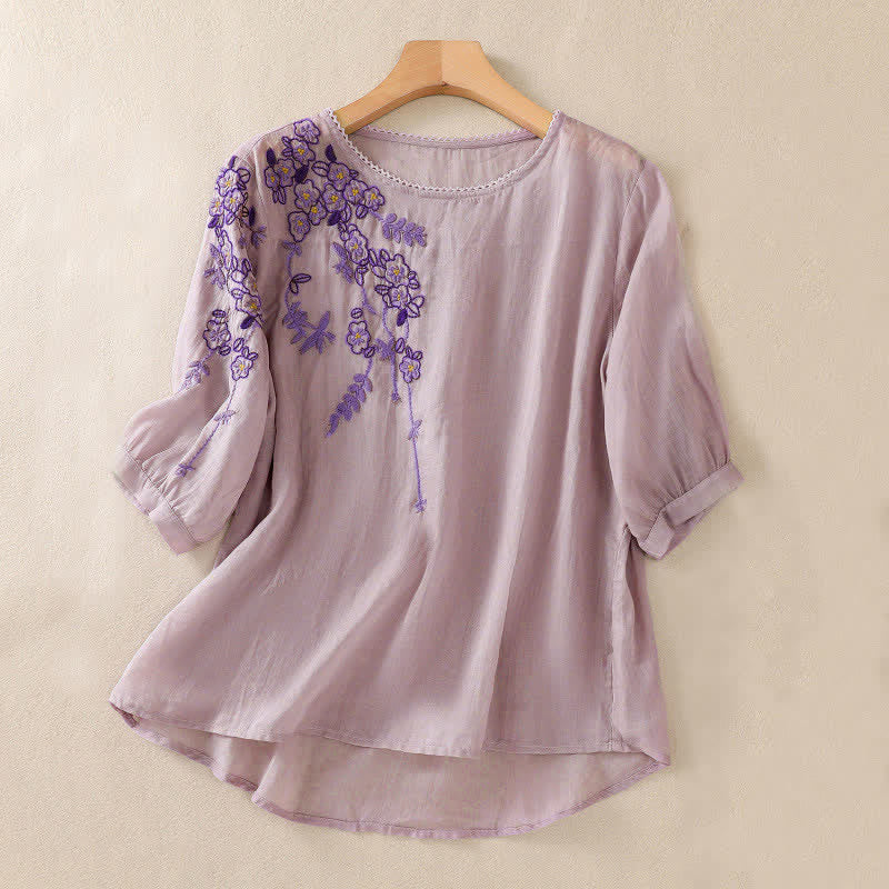 Buddha Stones Camicia da donna a maniche corte con scollo rotondo e ricamo floreale in stile retrò. - Prugna - US8-10, UK/AU12-14, EU40-42 (2XL) - image 24