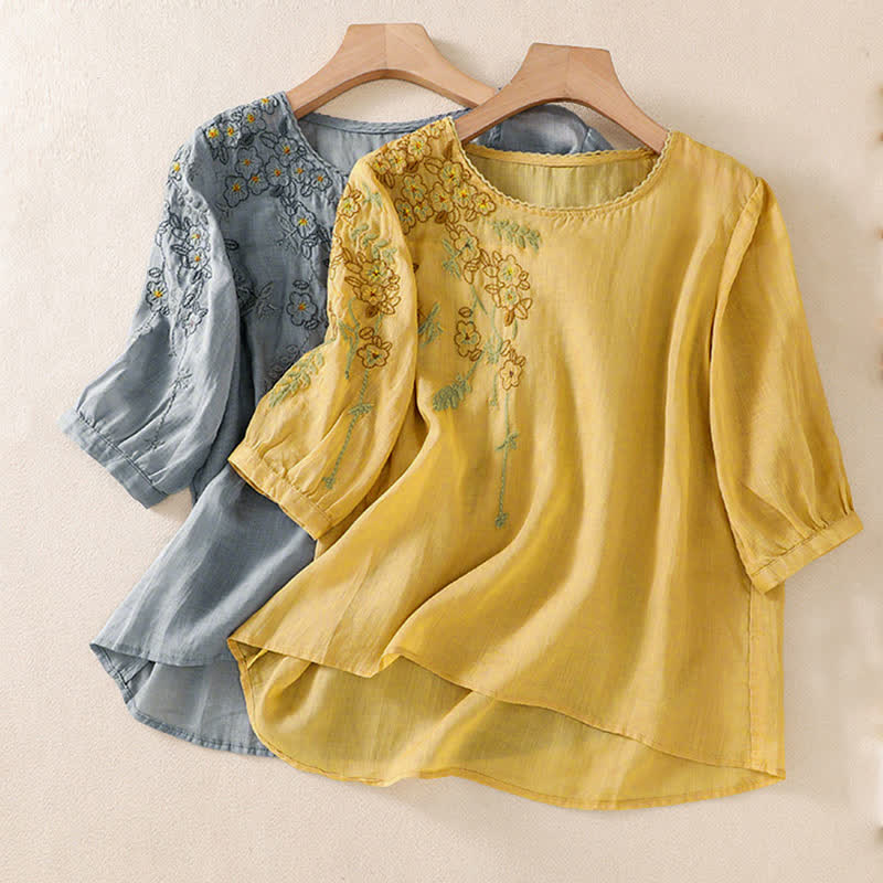 Buddha Stones Camicia da donna a maniche corte con scollo rotondo e ricamo floreale in stile retrò. - image 32