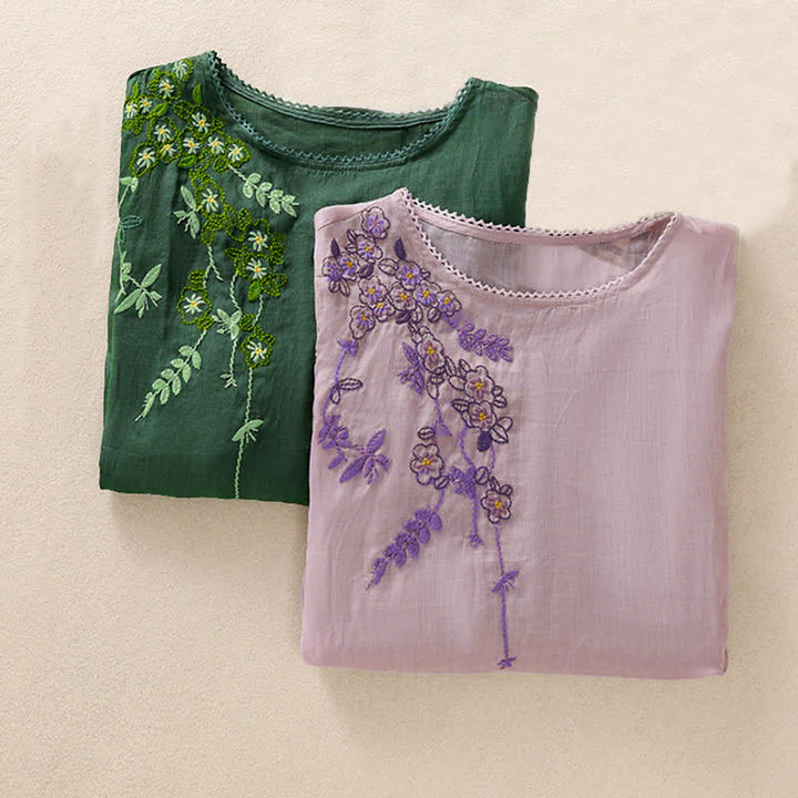 Buddha Stones Camicia da donna a maniche corte con scollo rotondo e ricamo floreale in stile retrò. - image 31
