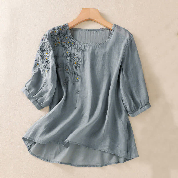 Buddha Stones Camicia da donna a maniche corte con scollo rotondo e ricamo floreale in stile retrò. - Blu acciaio chiaro - US8-10, UK/AU12-14, EU40-42 (2XL) - image 7