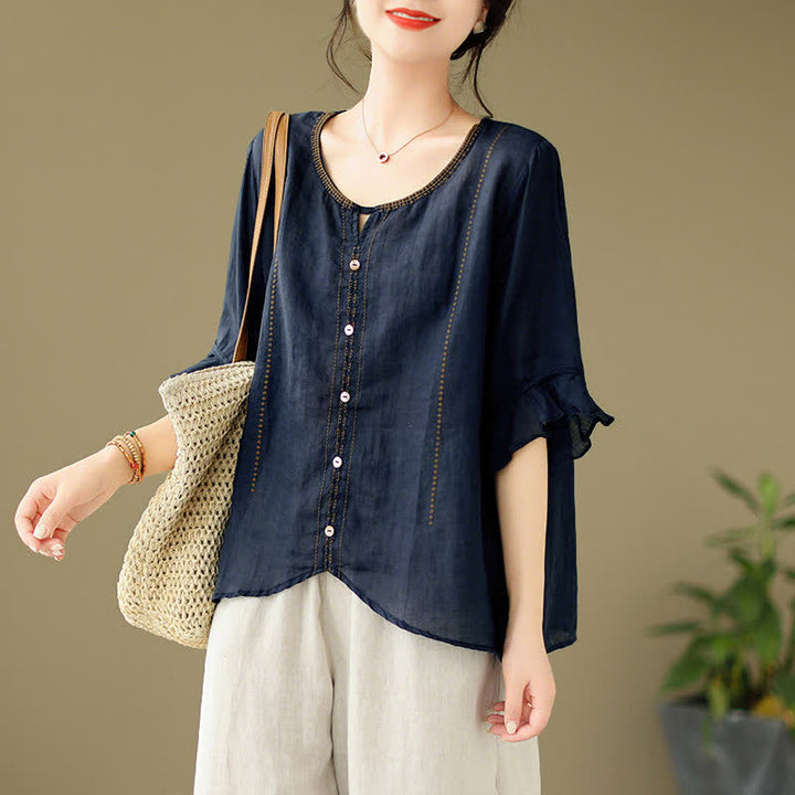 Buddha Stones Camicia da donna a maniche corte svasate con scollo rotondo e bottoni ricamati - Blu notte - Tessuto leggero - image 13