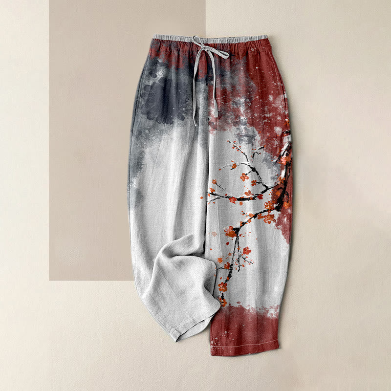 Buddha Stones Pantaloni da donna in puro cotone con elastico in vita e tasche, fantasia a fiori di prugno e neve. - Grigio ardesia - US16, UK/AU20, EU48 (3XL) - image 0